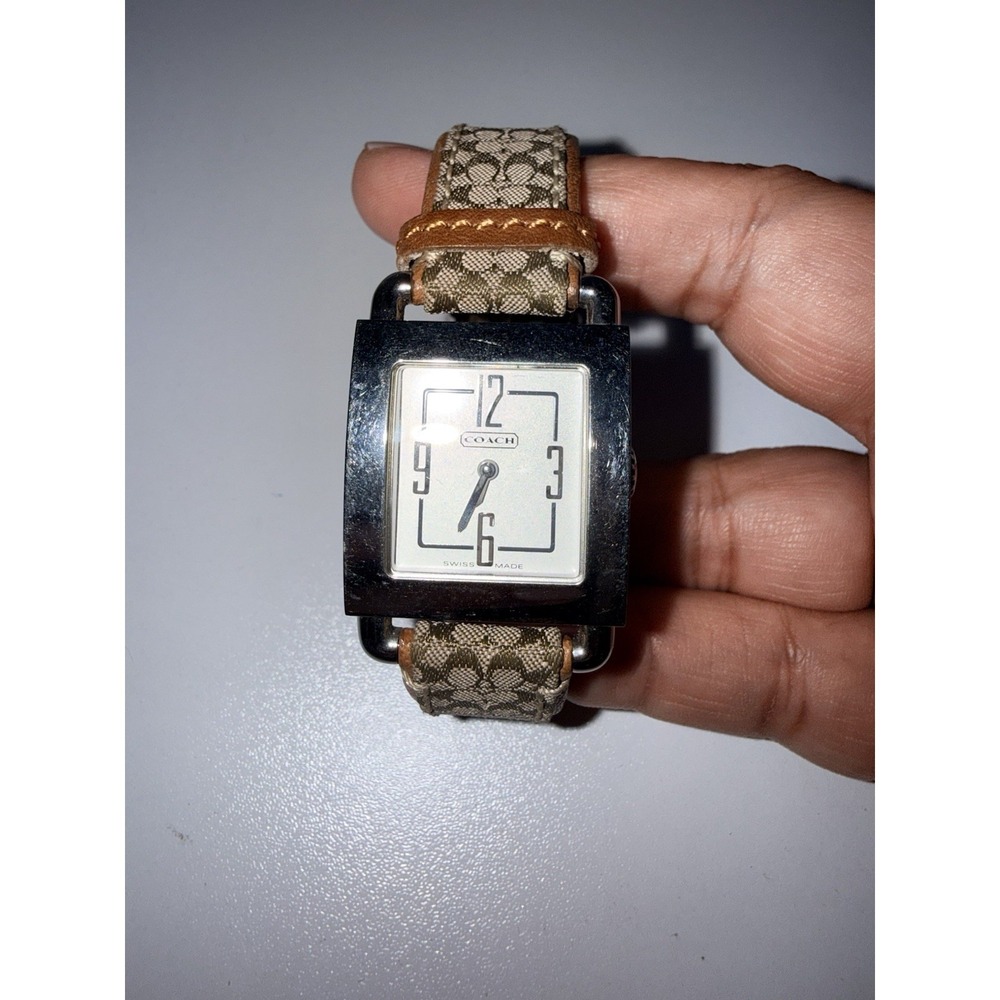 Coach Watch‎ 0221 Water Resistant Square Logo Leather Cloth Band Brown Silver